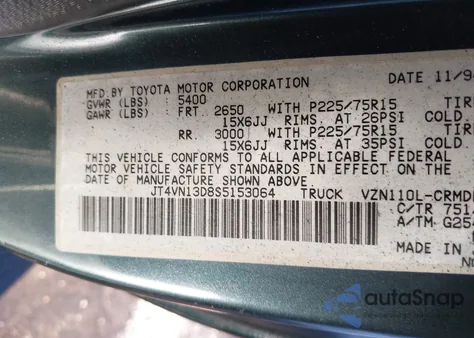 1995 Toyota Pickup 1/2 Ton Ex Lng Whlbase/Dx z USA, uszkodzony, nr VIN JT4VN13D8S5153064